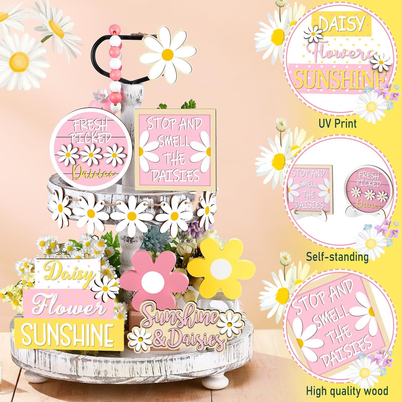 12 Pieces Valentine's Day Tiered Tray Decor Set Valentines Heart Wood Sign Gnome Truck Rustic Farmhouse Tray Signs Table Decor for Romantic Valentine's Day Home Kitchen(Daisy, 12 Pcs)